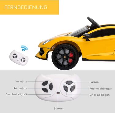 Електромобіль для дітей HOMCOM Lamborghini SVJ, ліцензія, 12V, металевий, жовтий, з дистанційним керуванням, музика, USB, для дітей 3-8 років