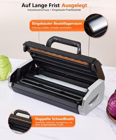 Вакууматор MZROT для продуктів харчування, -95кПа, 230Вт, з подвійним швом, 10 режимів (сухий/вологий), вбудованим різаком, чорно-сріблястий (в комплекті рулон та 15 пакетів)