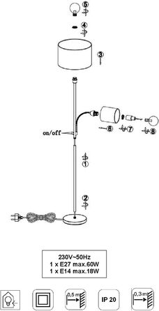 Торшер Lightling, матовий нікель, тканинний абажур, без E27/E14, ø 35см, H 170см, антрацит