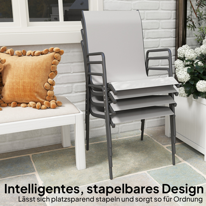 Набір садово-терасних стільців на 4 шт., складальні, з дихаючою спинкою та підлокітниками, витримують до 120 кг