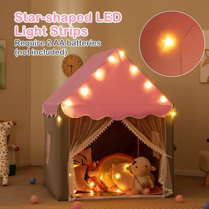 Дитяче намет-ігровий будиночок HOMASIS з килимком, зірками та вікнами, двома шторами, для дівчаток та хлопчиків, рожевий