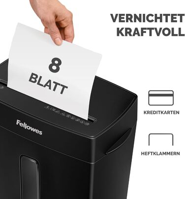 Fellowes FS-8C: Шредер для паперу 8 листів, чорний, Cross Cut, 15л, знищення кредитних карт