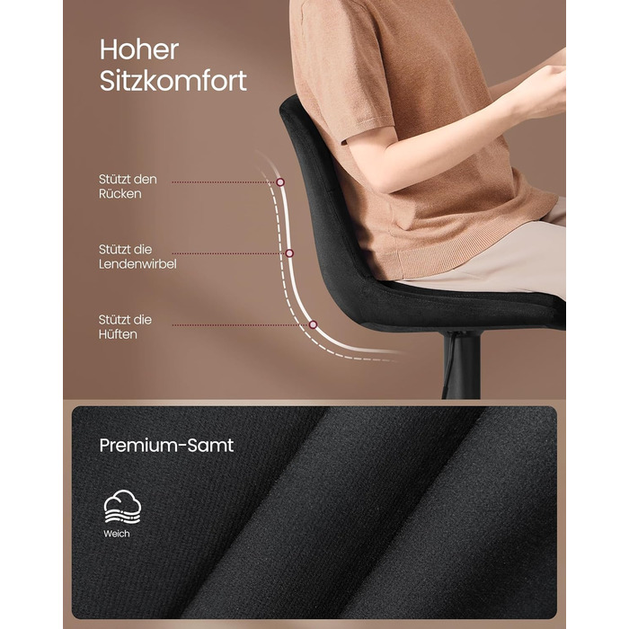 Барні стільці VASAGLE 2 шт. регульовані по висоті, обертаються, зі спинкою та підставкою для ніг, для кухні, їдальні, бару, сталь, LJB195G02 (Чорний, Велюр)