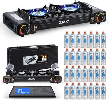 Преміум газовий набір для кемпінгу ZMC: 2-х пальниковий газовий нагрівач 2,5 кВт з п'єзозапалюванням та транспортним кейсом. Ідеально підходить для відпочинку на природі, балкону та дому. Включає гриль-плиту 45×24 см та 227г газові картриджі.