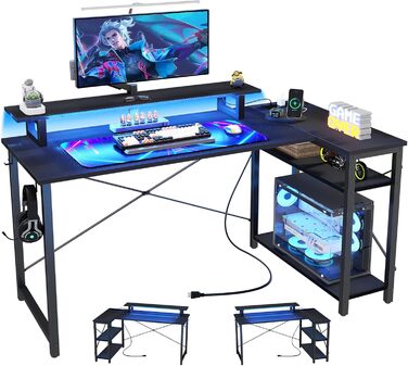 Кутовий ігровий стіл з LED-підсвічуванням та розетками, комп'ютерний стіл з полицями, обертовий кутовий стіл з підставкою для монітора, 120 x 70 см, ДСП, колір: сіра береза (карбон, чорний)