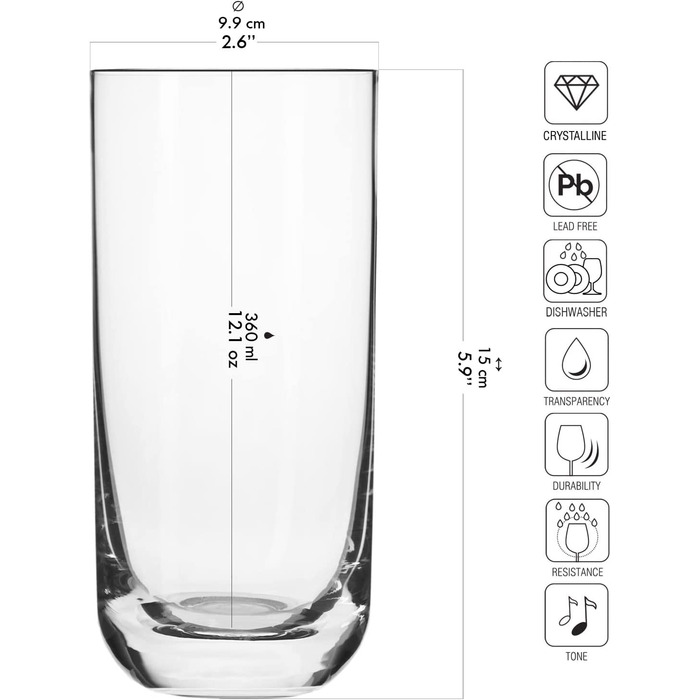 Келихи для напоїв KROSNO з довгим келихом для води / набір з 6 / 360 мл / Колекція Glamour / ідеально підходить для дому, ресторанів