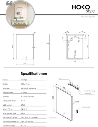 Дзеркало для ванної кімнати HOKO LED Texas 60x80 см з підсвічуванням, підігрівом проти запотівання та чорним металевим каркасом. Можливість встановлення вертикально або горизонтально. Сенсорне управління, регулювання кольору світла 2700-6500K (тепле, холо