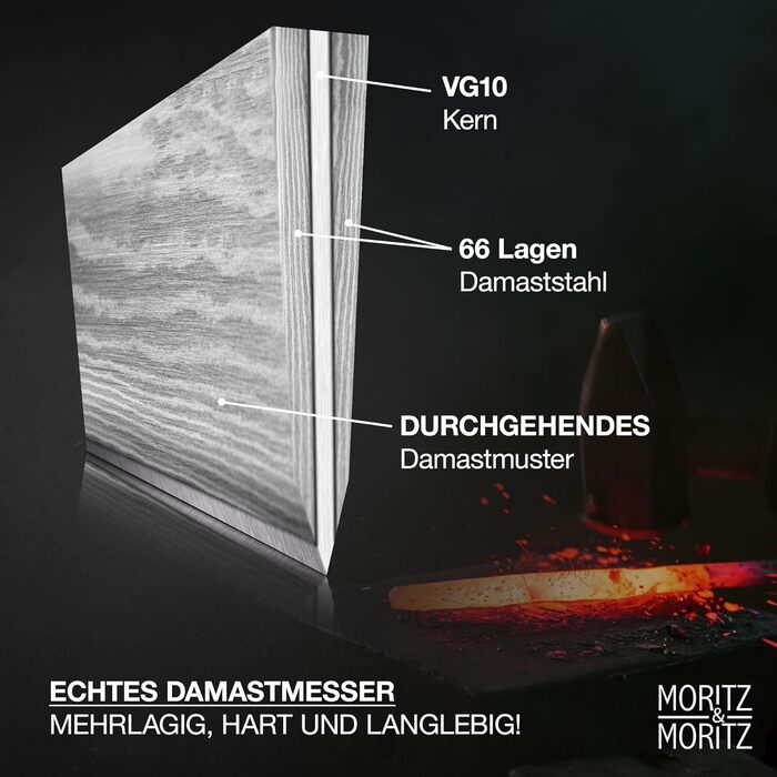 Ніж кухарський Moritz & Moritz Damastmesser 20 см - професійний ніж з дамаської сталі 67 шарів - кухонний ніж з ергономічною ручкою з акації