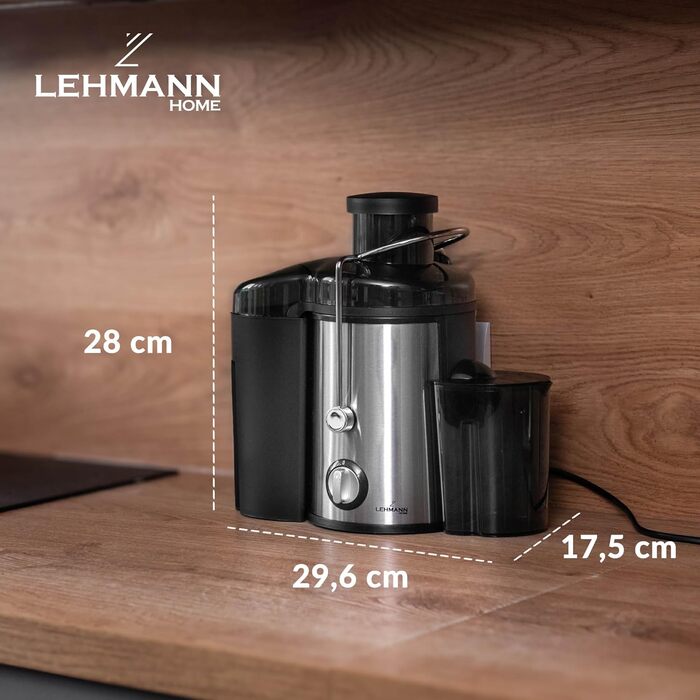 Електрична соковитискачка Lehmann: соковиті напої з овочів та фруктів, 2 швидкості, нержавіюча сталь, 1,5л контейнер для жмиху, 450мл контейнер для соку