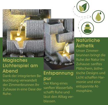 Декоративний фонтанчик для дому з підсвіткою, сірий, 5-рівневий