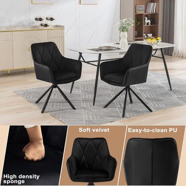 Обідні стільці Lestarain, поворотні, для кухні, спальні, вітальні, комплект з 4 шт. М'які, з підлокітниками та спинкою, на металевих ніжках, оксамит, чорний колір