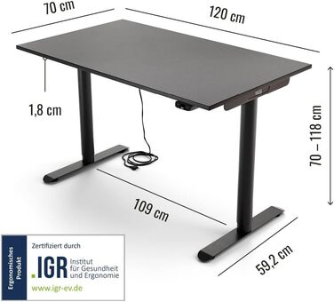 Дитячий стіл Yaasa Desk Basic S регульований по висоті, 120x70 см, чорний, incl. key замок і USB-порт для зарядки, стіл Антрацит 120 x 70 см