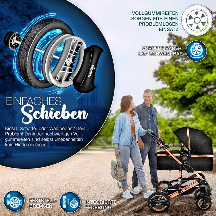 Дитяча коляска KIDUKU® 3 в 1 XXL Комплект | Комбінована коляска з люлькою, прогулянковим блоком та автокріслом | З підножкою, рюкзаком, грічкою, дощовиком та столиком | Надувні колеса, чорний / мідно-золотий, ECE R129