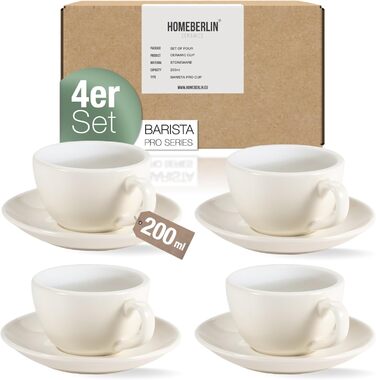 HOMEBERLIN® Набір кавових чашок Barista Pro Cappuccino (200мл) - 4 шт. з підставками - Преміум якість з якітного фарфору, ручна робота, білий глазур