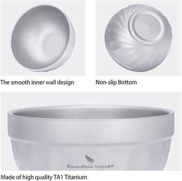 iBasingo Титанові миски з подвійними стінками 500мл та 800мл для каші, їжі, рису, супу. Легкі, портативні, металеві миски для кемпінгу та відпочинку на природі. (500ML Ti1168T)