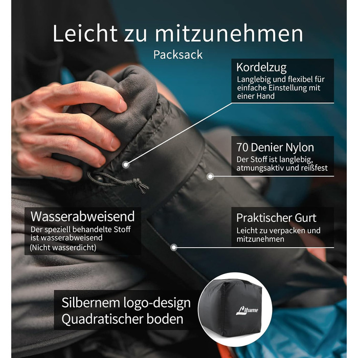 Всесезонний спальний мішок Litume пропонує до 15C, стискаючий і легкий спальний мішок Mummy для подорожей, кемпінгу, легкий спальний мішок на напівблискавці