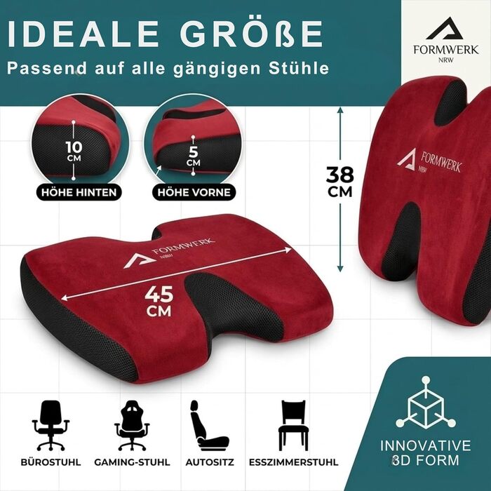 Ортопедична подушка для сидіння - преміум якість, 3D Memory Foam, для офісу та авто, OEKO-TEX-100 (65-100 кг), червона