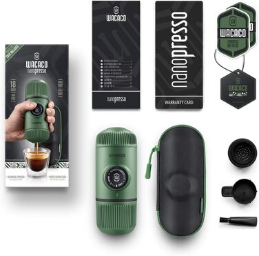 WACACO Nanopresso: портативна кавомашина еспресо з кейсом, оновлена версія Minipresso, ручна, чорний (80 мл, мох-зелений)