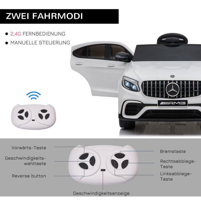 Дитячий електромобіль HOMCOM Mercedes-Benz AMG GLC63S COUPE, ліцензована модель, 12V, з пультом дистанційного керування, ременем безпеки, 2 x 35W двигуни, MP337-60, білий, розміри: 115 x 70 x 55 см. (Для дітей віком 6-12 років)