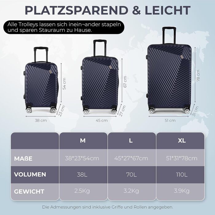 xRace Набір валіз 3 шт. ABS, 20/24/28 дюймів, ручна поклажа, TSA замок, 360° колеса, стійкий до ударів, преміум підкладка (Морська синя)