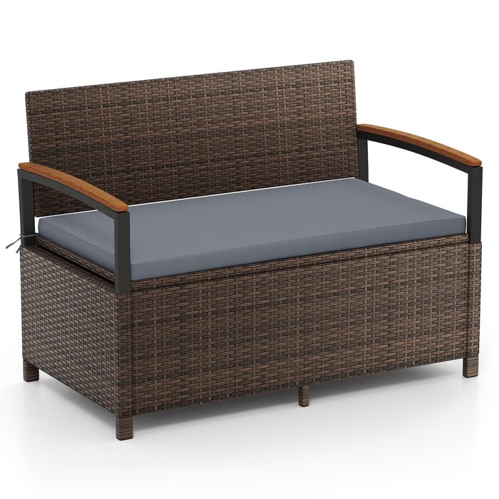 Лавка садова Costway з ротангу Polyrattan, з ящиком для зберігання, 2-місна, сіра (120x61x84 см) для балкона, тераси, саду з подушками