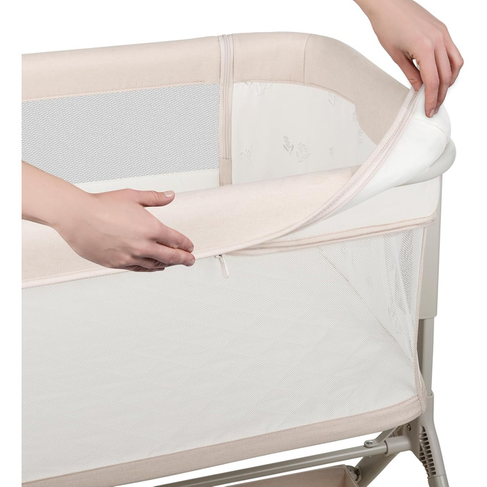 Дитяче ліжко Lionelo Leonie Plus 3 в 1: ліжко, коліска, ліжко-приліжко з регулюванням висоти, сітчасті стінки, знімною бічною панеллю та коліщатками з гальмом. Бежевий колір.