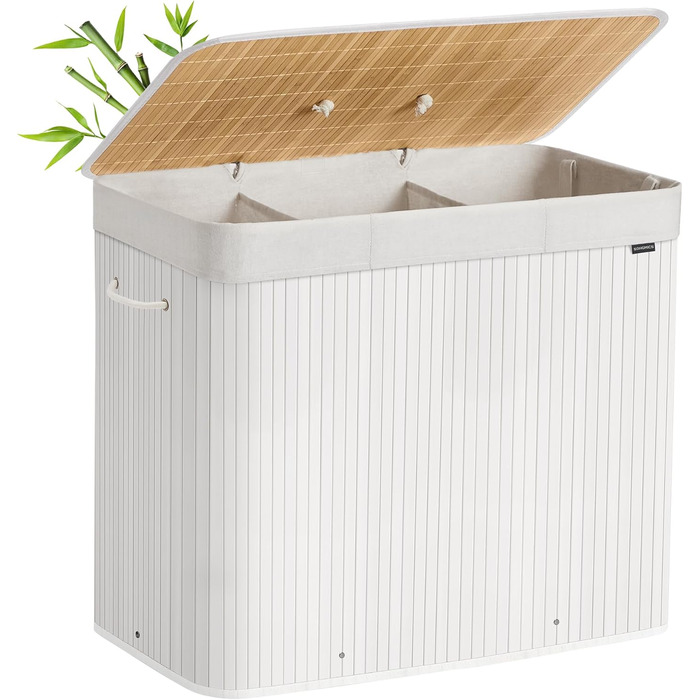 SONGMICS Кошик для білизни з кришкою, 2 відділення, бамбук, складний, знімний мішок для прання, з ручками, 170 л, білий