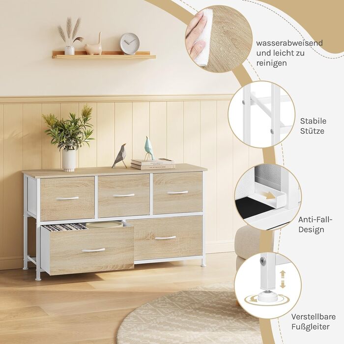 Комод WOLTU з 5 висувними ящиками з тканини, шафа-комод, тумба під TV, для вітальні, спальні, передпокою, з металевим каркасом та ДСП, білий, SSK005ws, білий (світлий дуб + білий, 5 тканинних ящиків)