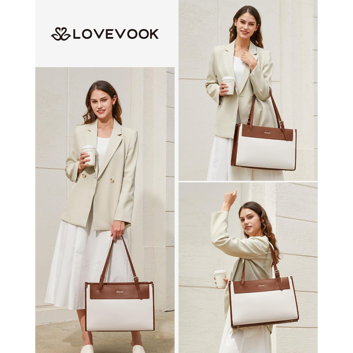 LOVEVOOK Сумка для ноутбука, жіноча велика водонепроникна сумка-шоппер, ділова сумка-акселуар, з PU шкіри, 15.6 дюймів (Коричневий+бежевий)