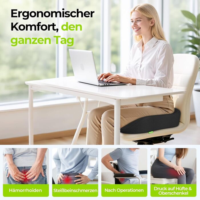 Ортопедична подушка для сидіння AUVON для офісного та автомобільного крісла, кільце для геморою, ергономічна - товстий пінополіуретан Memory Foam, міцна підтримка куприкової області та зняття болю, комфортне сидіння та покращення кровообігу
