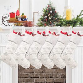 І елегантний персоналізований Різдвяний панчіх з ім'ям, різдвяні панчохи з хутра сніжинки з блискітками, Різдвяний декоративний подарунковий пакет, Різдвяний камін, підвісний панчіх Миколи білого кольору, (білий, 6 шт.)