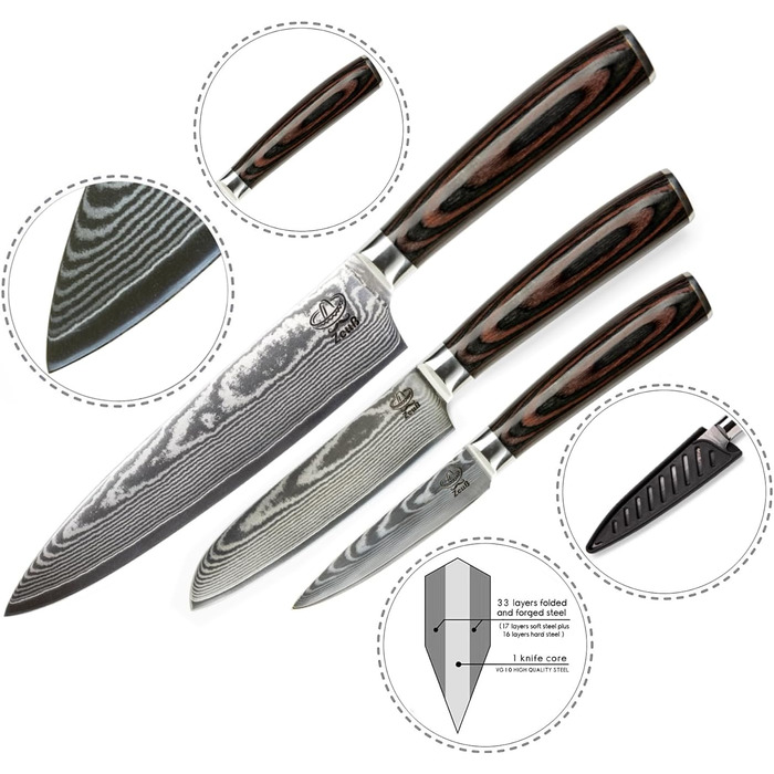 Набір кухонних ножів Дамаск 3 шт. (32, 24, 20 см) з каменем для заточування, дерев'яною ручкою, захистом леза та подарунковою коробкою. Перевірено TÜV, 62 HRC, сталь Дамаск з 67 шарів.