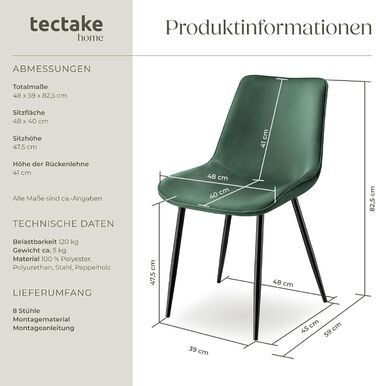 Обідні стільці Tectake, ергономічні та зручні, оксамитова тканина, темно-зелений (набір з 8 шт. )