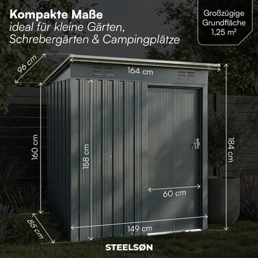 Сарай садовий металевий STEELSØN Talonix 184x85x149 см, антрацит – для інструментів, з односхилим дахом, оцинкований каркас