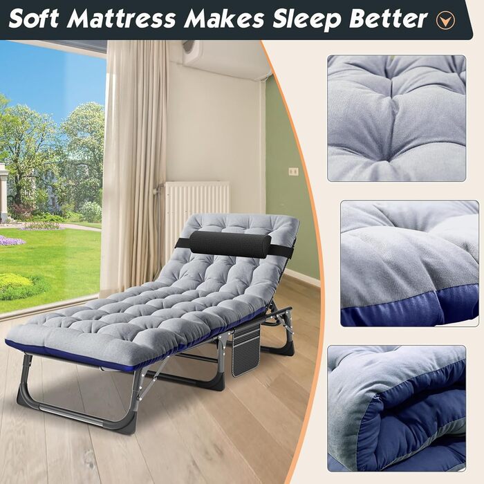 Лежак для відпочинку MOPHOTO, розкладний садовий лежак з матрацом, регульована спинка та підніжка, портативний, для дому та саду, складаний (зелене дитяче ліжко, матрац) (чорний з холодним сірим)