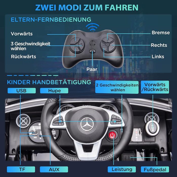 Дитячий електромобіль Mercedes SLC 300 AIYAPLAY 12V з пультом, LED, музикою, ременем безпеки, чорний, для дітей від 3 років