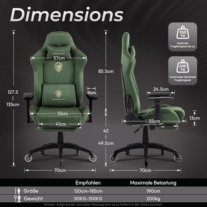 Ігровий крісло Dowinx з мікрофібри, дихаючий та ергономічний офісний стілець, м'яке відчуття як хутро, регульований стілець з підніжкою (зелений)