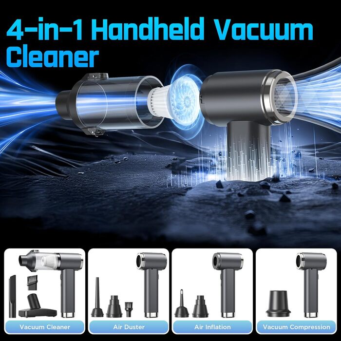 Акумуляторний ручний пилосос 4в1 Vac104, бездротовий автомобільний міні-пилосос 25000Па, безщітковий мотор 150000 об/хв, 6000mAh, для авто, дому та офісу