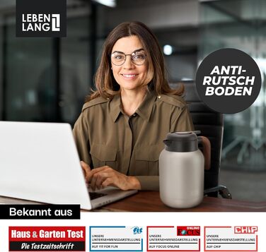 Термос LEBENLANG 1,5L з керамічним покриттям - з ситом для чаю | 24 години зберігає тепло | Термокана для кави та чаю | Сріблястий