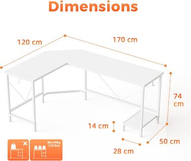 Кутовий стіл Mericonia 170 см для геймінгу та офісу, комп'ютерний стіл, стіл для маленьких приміщень, білий