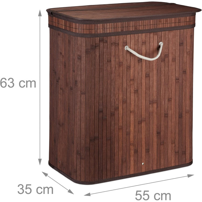 Бамбуковий кошик для білизни, прямокутний, 2 відділення, відкидна кришка, складаний, 95 л, коричневий