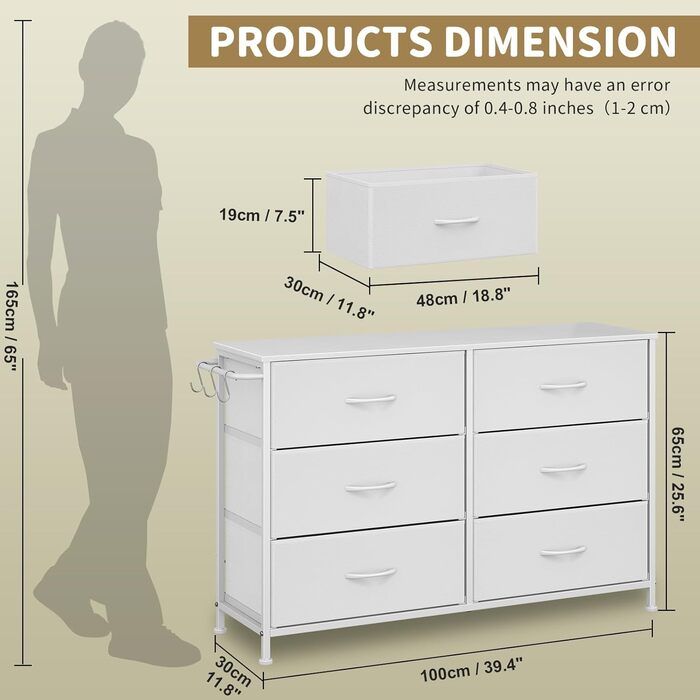 Комод Flur з 6 висувними ящиками з тканини - промисловий комод для вітальні з металу - комод для передпокою в стилі рустік - комод для спальні з тканини для одягу - білий 100x30x65 см, 6 ящиків - 100x30x65 см білий