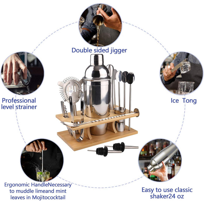 Набір для коктейлів MUOIVG, набір шейкерів для коктейлів з нержавіючої сталі, набір для бармена з 14 предметів, дерев'яна підставка і т. д., набір для коктейлів об'ємом 750 мл.
