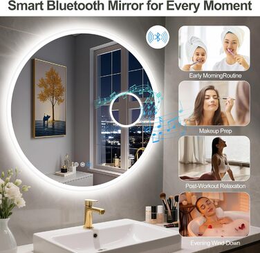 Дзеркало для ванної кімнати S'bagno Runder з підсвічуванням 60 см, з функцією запобігання запотіванню, 3 колірні температури, регулювання яскравості, HD скло, функція пам'яті, IP44, Bluetooth, 5-кратна лупа