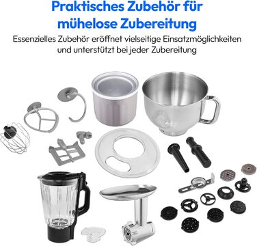 Кухонна машина MEDION MD18430: 3 в 1 (міксер, м'ясорубка, тістоміс), 5 л чаша з нержавіючої сталі, 1200 Вт, подрібнювач, нарізач, цифрова панель керування, з чашею для льоду та м'ясорубкою, з титановим ножем