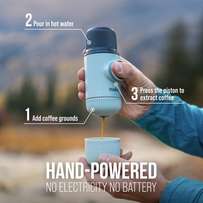 WACACO Nanopresso: портативна кавомашина еспресо, S-чохол, оновлена версія Minipresso, ручна кавомашина для подорожей (80 мл, колір арктичний блакитний)