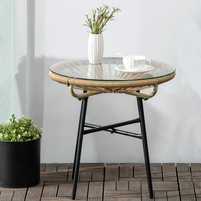 Бохо-стіл для саду, ротанг PE, скло, стійке до погодних умов, 50 см x 50 см x 50 см, бежевий