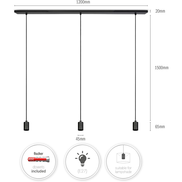Стельовий світильник Підвісний світильник сумісний з абажуром Підвісна лампа E27 Текстильний кабель Коротка розетка 3-полум'я 120 см (чорний, 3-полум'я (120 см))