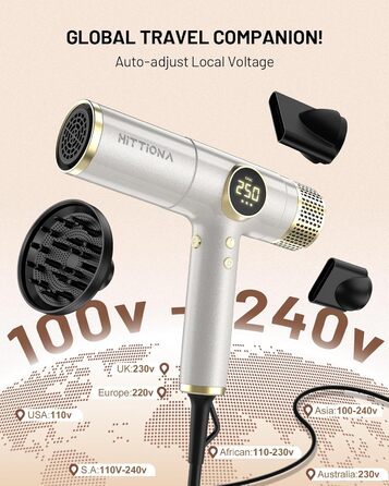 Іонічний дорожній фен HITTIONA 3 в 1 з диффузором, золото: швидке сушіння, подвійна напруга (100-240V), низький рівень шуму
