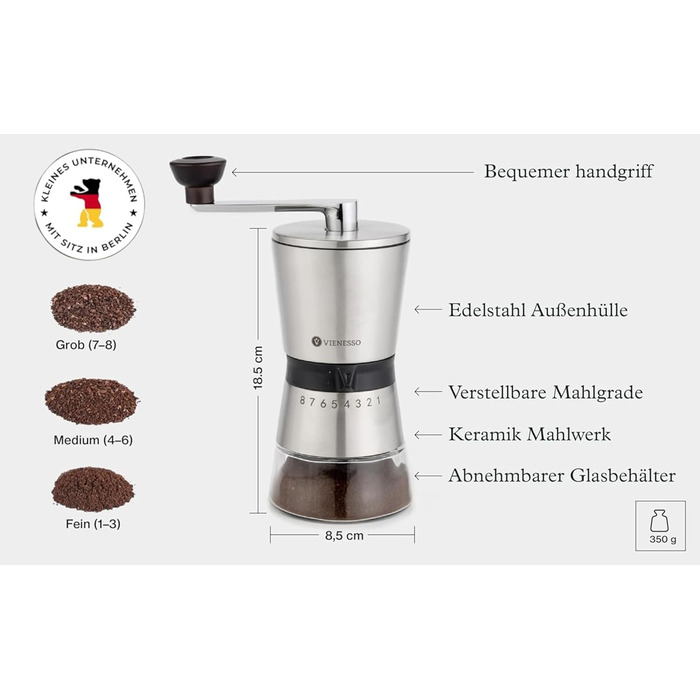 Ручна кавомолка з 8 ступенів помелу – кавомолка з нержавіючої сталі з керамічним жорном для еспресо, фільтра та френч-прес – велика ручна кавомолка для дому та офісу, срібна, кераміка